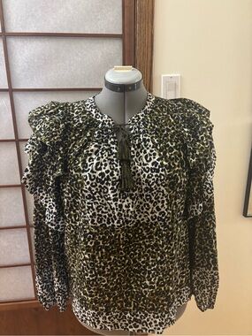 EUC Ulla Johnson Carissa 100% Cotton Green & Black Animal Print Blouse US 8